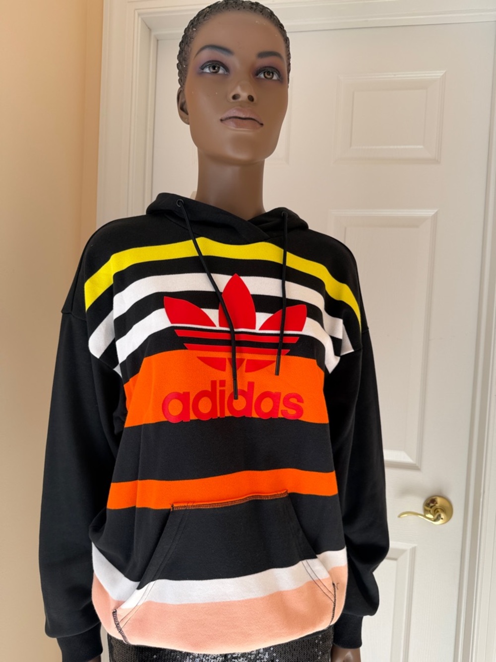 ADIDAS unisex Hoodie with Red Logo & Orange, Yellow, White Stripes